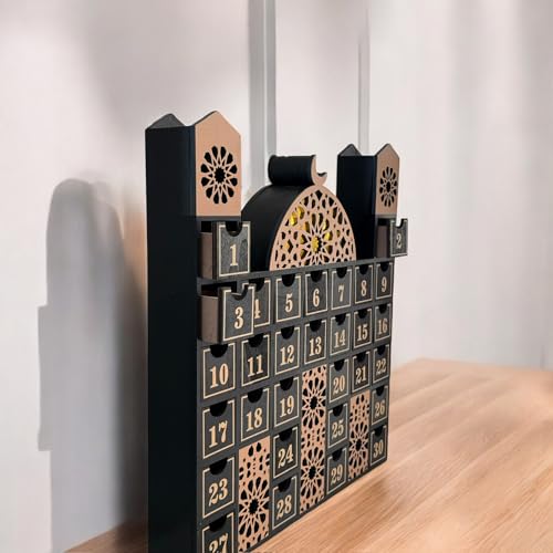 Ramadan Advent Calendar Countdown for Kids Adults Battery Powered Lights Treats White Black Gold Wood Wooden Eid Mubarak Decoration Islamic Decor Muslim gift 30 days Tracker (Black) - color: Black