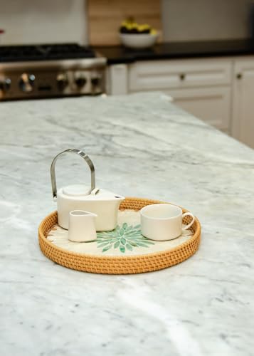 Magenta & Teal Round Rattan Serving Tray with Mother of Pearl Inlay, Wicker Coffee Table Decor, Farmhouse Style (Silver Green Flower) - color: Silver Green Flower