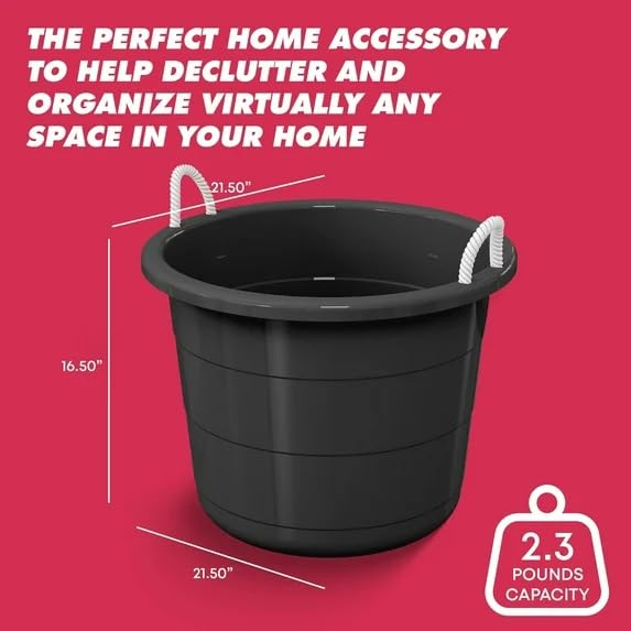 17 Gallon Heavy Duty Plastic Storage Tub with Rope Handles, Large Utility Bucket for Home Garage Garden, Leak-Resistant Stackable Container, Black (2-Pack)
