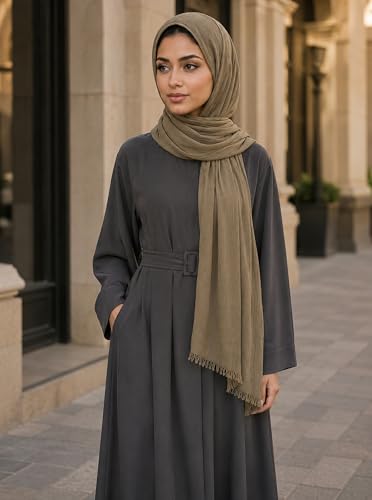 Cotton Linen Plain Hijab Scarf For Women,Muslim Viscose Crinkle Edge With Fringe,Summer Beach Wrap Headwraps Shawl - color: 43#armygreen