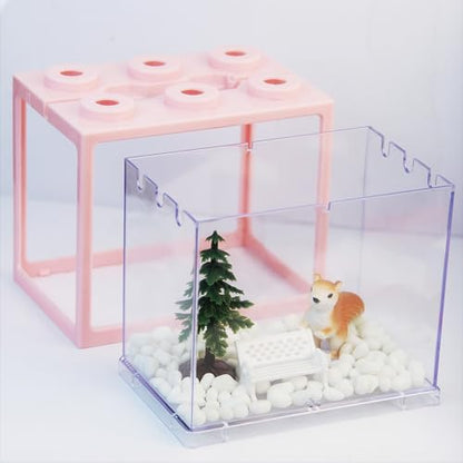 Small Sea Monkey Tank, Stackable Mini Betta Fish Tank Tinny Aquarium Kit with Aquarium Gravel, Moss Ball Tank Shrimp Tank 0.27 Gallon Acrylic Cube Fish Bowl for Shrimp Snails - color: Pink