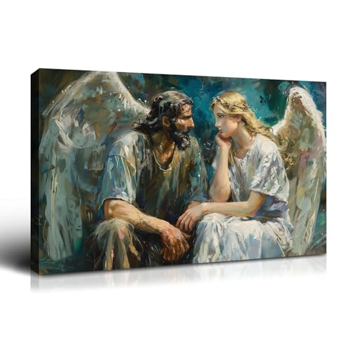 Wewejia Jesus Canvas Wall Art 16x12 inch, Jesus and Angels Pictures Large Religious Beliefs Paintings Wall Art Prints Christianity Oil Painting Poster Bible Mural Living Room Bedroom Church Wall Decor - color: WWJYSS137, size: 16"L x 12"W