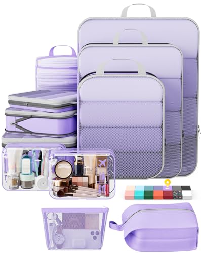 Veken 11 Set Compression Packing Cubes for Travel Essentials,Compressible Expandable Large Luggage Suitcase Organizer Bags for Clothing,Space Saver Bags with Over 1000 pcs of Mesh Holes(Light Purple) - color: Light Purple, size: 11 set