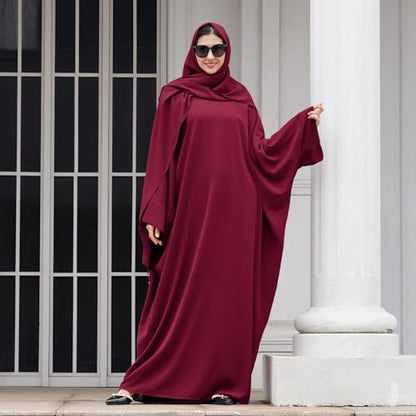 IDOPIP Abayas for Women Muslim Dress with Hijab, One-Piece Long Sleeve Islamic Prayer Dress with Khimar Jilbab Kaftan Clothes - color: Wine Red + Hijab
