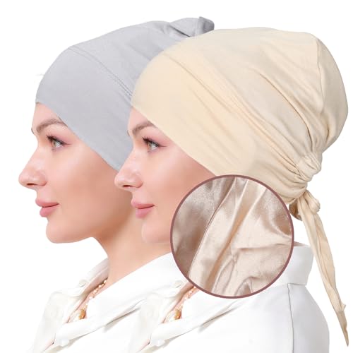 Women Under Hijab Cap Islamic Underscarf Turbans for Women Solid Color Hijab Bonnet Caps Muslim Scarf Inner Cap - color: Light Grey+beige