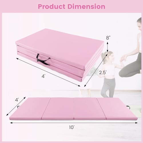 Goplus Folding Gymnastics Mat, 10’ x 4’ x 2’’ Thick Tumbling Mats with PU Leather, Hook & Loop Fasteners, Portable Handles, 4-Panel Exercise Mat for Home Gym Workouts, Yoga - color: Pink