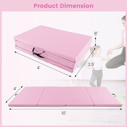 Goplus Folding Gymnastics Mat, 10’ x 4’ x 2’’ Thick Tumbling Mats with PU Leather, Hook & Loop Fasteners, Portable Handles, 4-Panel Exercise Mat for Home Gym Workouts, Yoga - color: Pink