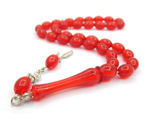 Perlin Muslim Prayer Beads 33 Bead Tasbih – Islamic Misbaha Subha Dhikr Prayer Rosary with 12 x 8 mm Oval Beads, Ottoman Style Prayer Necklace with Metal Tassel, Handmade Islamic Gift, 25 cm (Red) - color: red