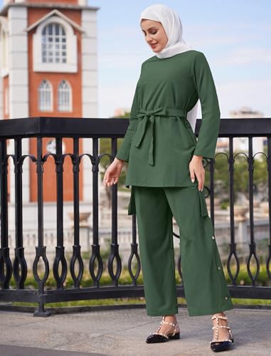 2 Piece Abaya for Women Muslim Long Sleeve Loose Top Pants Set Casual Eid Ramadan Outfits Dubai Islamic Muslim Clothes - color: Dark Green, size: Large