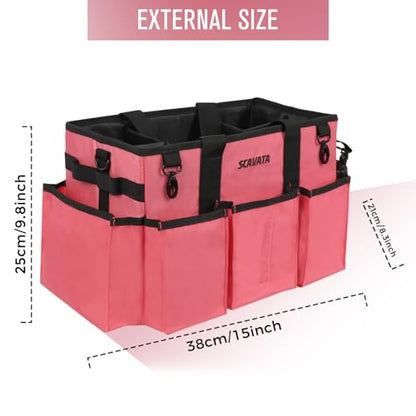 SCAVATA Wearable Cleaning Caddy Bag, Cleaning Caddy Supplies Organizer with Handle & Shoulder Straps for Housekeepers, Under Sink & Car Cleaning Tool Organizers with 4 Foldable Divider (RoseRed) - color: RoseRed