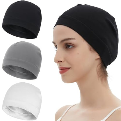 100% Cotton Skull Caps Beanie Bald Sleeping Hats for Men Women - color: 3pieces-black,light Gray,white