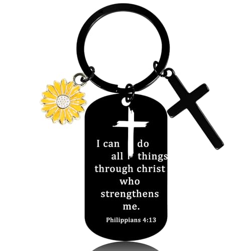 Christian Gifts Keychain for Women, Inspirational Bible Verse Religious Faith Gift for Girls Sister Mum Friend - color: Black Dog Tag Sunflower Charm 02