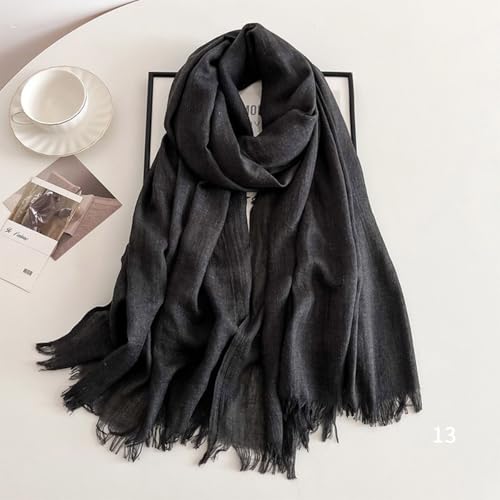 Solid color cotton and linen scarf, wrinkled all season versatile long sunscreen fashionable shawl - color: Black Grey