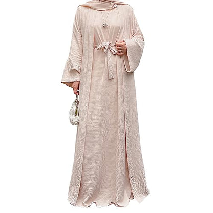 2PCS Women's Muslim Dresses Abaya Islamic Dubai Prayer Dress Robe Long Cardigan Maxi Dress - color: Beige, size: Medium