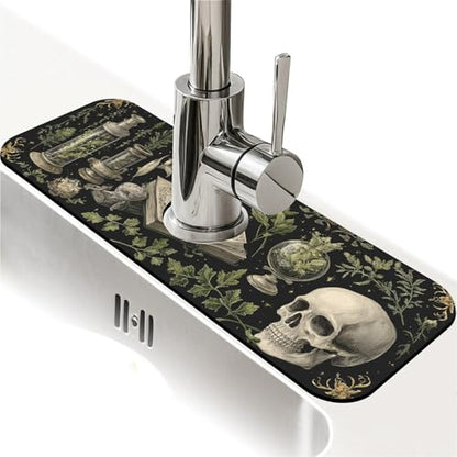 Kitchen Sink Splash Guard，Plants books skulls-1 Faucet Mat Sink Gadgets-Super Absorbent Fast Drying Mat Drip Catcher for Kitchen, Bathroom,Sink Mat, Dish Drying Mat, Bathroom(15" X 5.5" ) - color: Plants books skulls-1