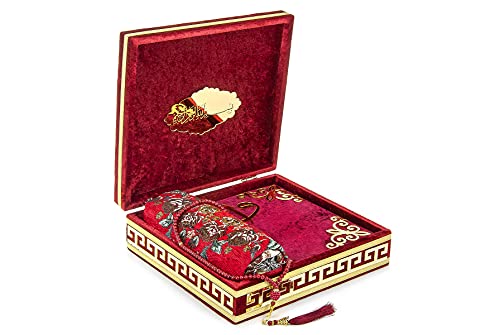 ihvan online Luxury Islamic Prayer Velvet Covered Gift Box, Deluxe 4 Piece Set with Elegant Velvet Covered Quran & Prayer Beads Tesbih & Prayer Rug, Ramadan & Eid Gift, Burgundy - color: Burgundy
