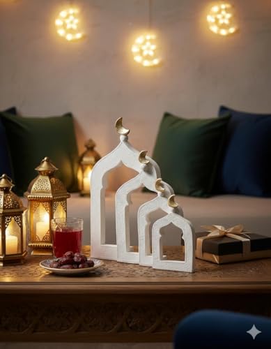 Islamic Cultural Decor Collection - Handcrafted Resin Mosque Models & Tower Ornaments for Home/Office Display Ramadan Decoration (4-Door) - style: Modern1211