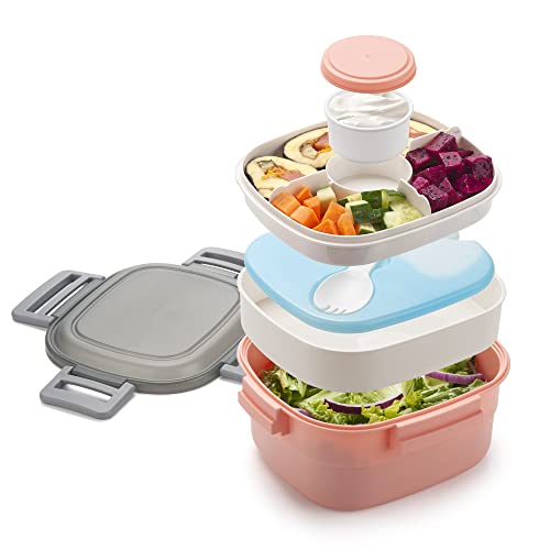 Freshmage Salad Container for Lunch with Ice Pack, Leakproof BPA-Free 52-oz Lunch Container with 4 Compartments, Salad for Men, Women (Pink+Ice Pack) - color: Pink-52oz+Ice Pack