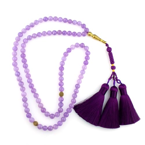 Muslims Islamic Dhikr 99 Tasbeeh Tasbih Prayer Beads, Purple Jade Stone Beads with Tassel