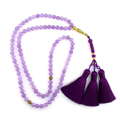 Muslims Islamic Dhikr 99 Tasbeeh Tasbih Prayer Beads, Purple Jade Stone Beads with Tassel