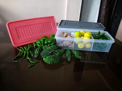 3 Partition Fridge Storage Container Boxes Organizer,Refrigerator Plastic Storage Box For Kitchen,For Dry/Liquid Food,Stackable Microwave Safe Container For Fish Meat-Pack Of 2,Blue
