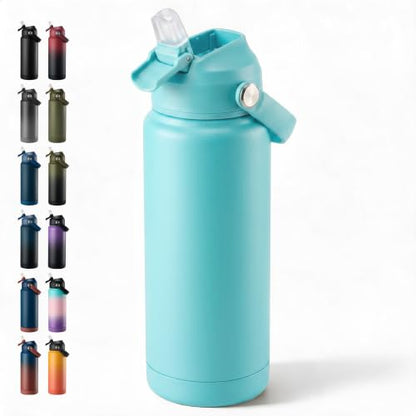 Fijinhom 24oz Insulated Stainless Steel Water Bottle, Wide Mouth Double Wall Vacuum, Silicone Straw, Sweat & Leak Proof, BPA Free Insulated Water Flask for Travel, Keep Cold 24h Hot 12h, Sky - color: sky, size: 24 Ounces