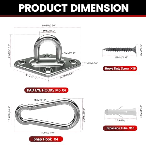 sprookber 304 Stainless Steel Pad Eye Snap Hooks, M5 Heavy Duty Ceiling Hooks, 500 lb Capacity Hammock Swing Hanging kit, Plant Hangers, Marine Hardware Staple Hook Loop with Screws, Set of 8 - size: 2 Inch, style: Rhombus