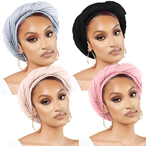 Nonbongoy Head Wraps for Black Women 71"x32" Long Soft Jersey Hijab Turban - color: 4-black&light Grey&pink&apricot