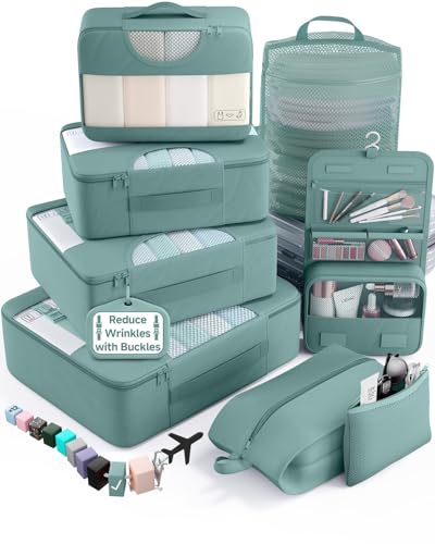 Veken 8 Set Packing Cubes for Travel Essentials,Anti-Wrinkle Buckled Suitcase Organizer for Shoe & Toiletry Bag,Carry On Luggage Bag with 99+ Count Mesh Holes for Airplane & College Dorm Accessories - color: 15 Blue Gray