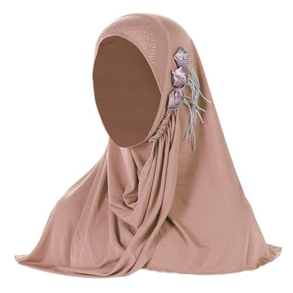 Women Soft One Piece Hijab Long Muslim Turban Islamic Full Head Scarf - color: 3 Flowers/Pink