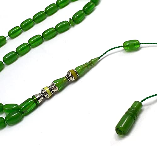 EXCLUSIVE COLLECTION -Handmade Silver Engraved Bakelite Tesbih, Tasbih, Islamic Rosary, Islamic Prayer Beads, Misbaha (6x11 mm 33 Lime Green Beads) - color: 6x11 mm 33 Lime Green Beads