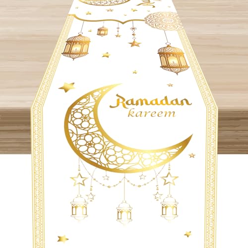 Golden Ramadan Table Runner, Vintage Eid Al Fitr Golden Moon Garden Banner Ramadan Eid Banner Decorations and Home Party Supplies 13x36 inch - color: Ramadan-7, size: 13x36" Table Runner