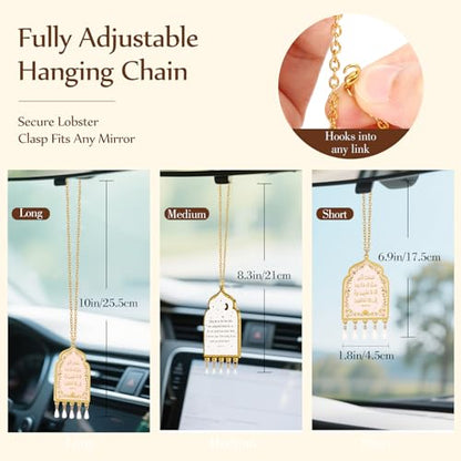 Islamic Car Hanging Accessories - Dua Al-Safar Car Decor Charm with Arabic & English Quran Verse, Gold-Plated Double-Sided Ornament with Pearls, Muslim Rearview Mirror Pendant, Spiritual Islamic Gifts