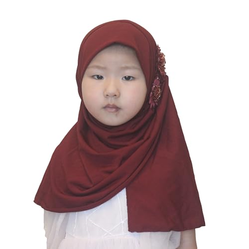 Soft Instant Hijab for Kids Girls Muslim Headscarf Islamic Scarf Shawl Wrap with Flowers - color: Wine Red-2 Flowers