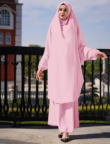 Abayas for Women Muslim Chiffon Prayer Burqa Dress Burkas for Women Muslim Hijab Dress Full Length Islamic Veil Abaya Set - color: Pink-loose