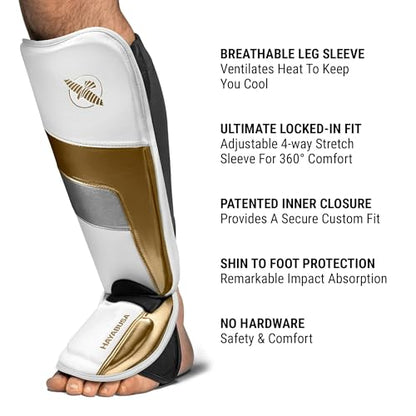 Hayabusa T3 Full-Back Shin Guards - color: White/Gold, size: Large