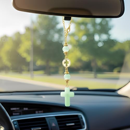 Cross Crystal for Rear View Mirror, Car Mirror Hanging Accessories, Cute Car Charm, Car Decoration Cross Ornament Christian Gift for Women, Car Decor Drive Safe Gift for Drivers (1, Green) - color: Green