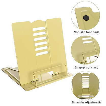 Metal Book Stand Adjustable Book Holder for Reading | Portable & Sturdy For Textbooks Cookbooks Sheet Music Papers Study - color: Full Yellow