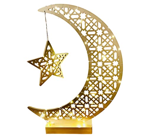 Eid Hilal 이슬람 장식 스트링 문 스타 조명 스탠드, 환영 야간 조명, 초승달 장식, 반짝이는 테이블 데코, LED 요정 조명이 있는 큰 나무 달 별 0.9m(3피트) 이상 (골드, 미디엄) - color: 골드., size: 미디엄