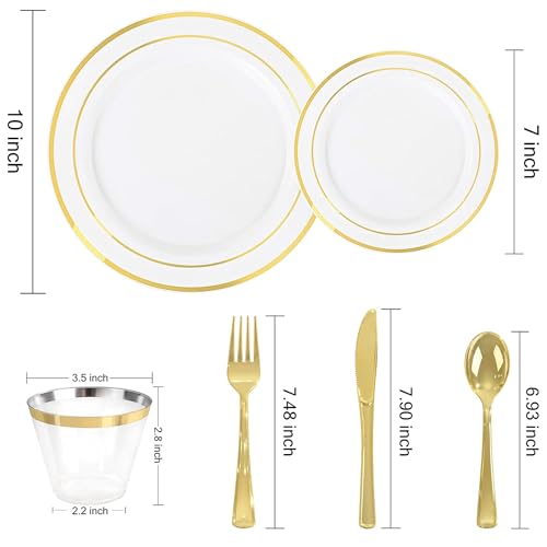 Elama 150 Piece Disposable Plastic Dinnerware Party Set for 25 Guests in White with Gold Trim - color: Gold