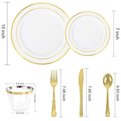Elama 150 Piece Disposable Plastic Dinnerware Party Set for 25 Guests in White with Gold Trim - color: Gold