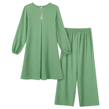 Abayas Dress For Women Muslim Long Sleeve Loose Top Pants 2 Pcs Dubai Islamic Muslim Women Matching Sets - color: Green B, size: 3X-Large
