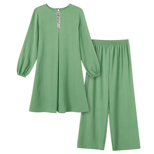 Abayas Dress For Women Muslim Long Sleeve Loose Top Pants 2 Pcs Dubai Islamic Muslim Women Matching Sets - color: Green B, size: Medium