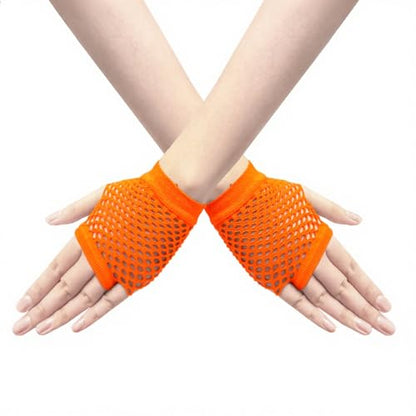 Short Fishnet Gloves for Women Fingerless Mesh Fishing Net Gloves 80s Fish Net Arm Sleeves Halloween Party Cosplay Costume - color: Orange