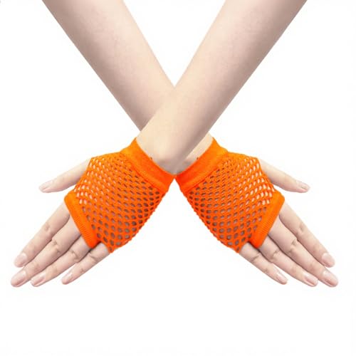 Short Fishnet Gloves for Women Fingerless Mesh Fishing Net Gloves 80s Fish Net Arm Sleeves Halloween Party Cosplay Costume - color: Orange