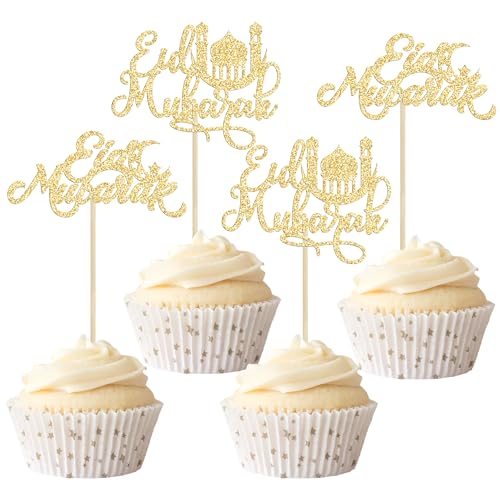 Ephlyn 24Pcs Eid Mubarak Cupcake Toppers Glitter Moon Star Ramadan Kareem Cupcake Pick Decorations for Eid Islamic Muslim Theme Party Supplies - color: Gold-7