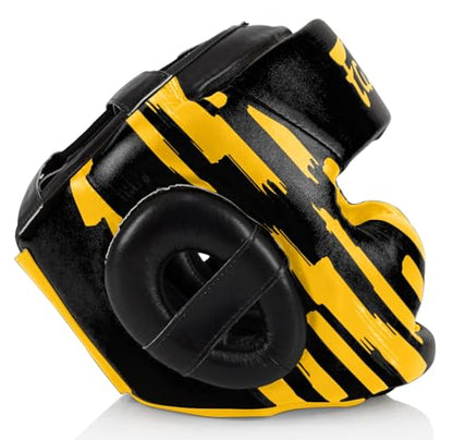 Fairtex Muay Thai & Boxing Headgear | Protective Sparring Head Guard with Adjustable Straps, Multi-Layer Padding, Enhanced Vision & Coverage - color: HG16M2 - Black/Gold Screen, size: Medium