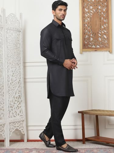 Maple Clothing Punjabi Kurta Pajama Set Pathani Mens Cotton Indian Clothes Bollywood Outfit - color: Black, size: X-Large