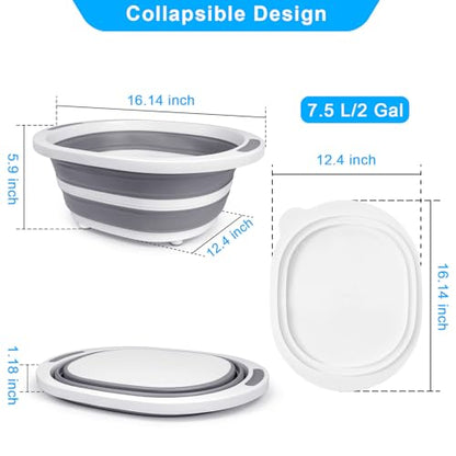 Collapsible Wash Basin, 7.5L Dish Tub Sink Basin Folding Dish Pans for Kitchen Sink, 2-in-1 Dishpan + Cutting Board, Portable Sink Dish Basin for Camping BBQ Prep Tub Washing Bin Bucket with Lid - style: With Lid