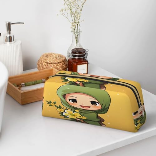 Cartoon Muslim Girl print Pencil Bag waterproof Zipper Pencil Case Leather Pen Box Cosmetic Bag For Office Pencil - color: Gold